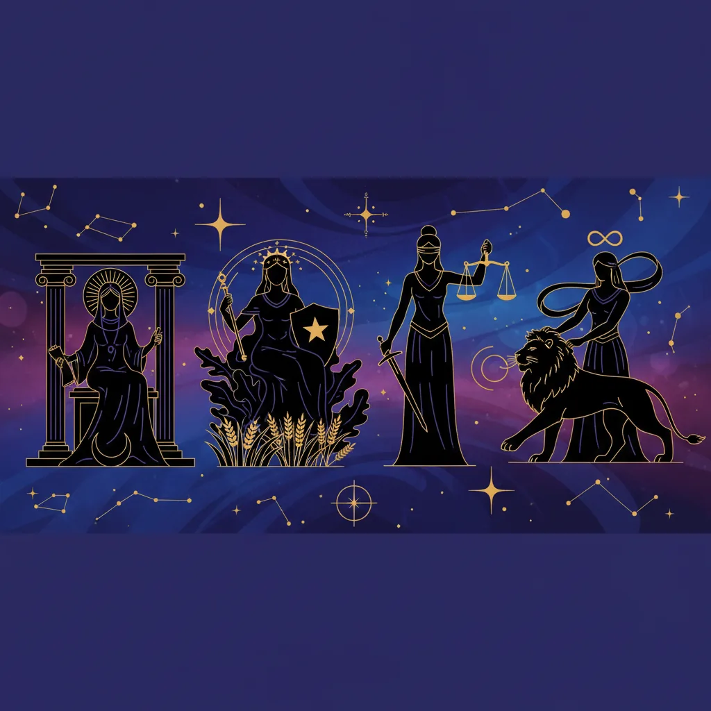 Ilustração representando quatro arquétipos do poder feminino no Tarô: A Sacerdotisa, A Imperatriz, A Justiça e A Força, em um fundo cósmico.