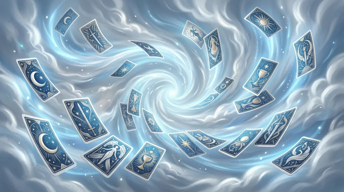 Cartas de tarô flutuando em um cenário etéreo com tons de azul e prata, simbolizando o elemento ar e previsões para 2026.