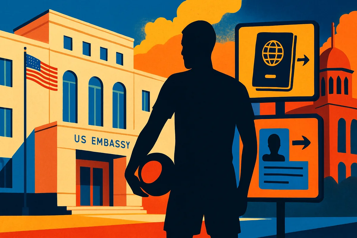 Imagem ilustrativa do visto negado para jogador da RD Congo com tema esportivo e consular