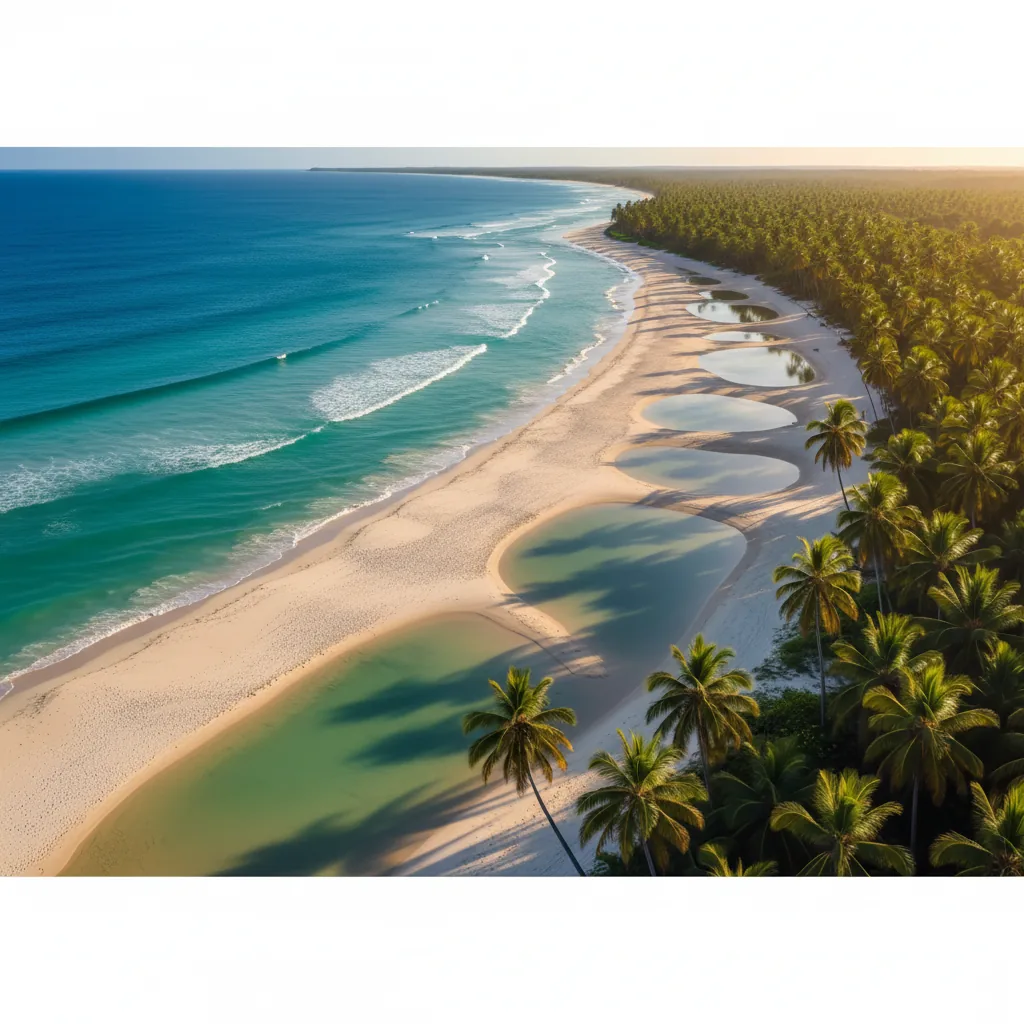 Vista aérea da praia de Japaratinga em Alagoas, ilustrando o potencial do turismo em Japaratinga 2026.