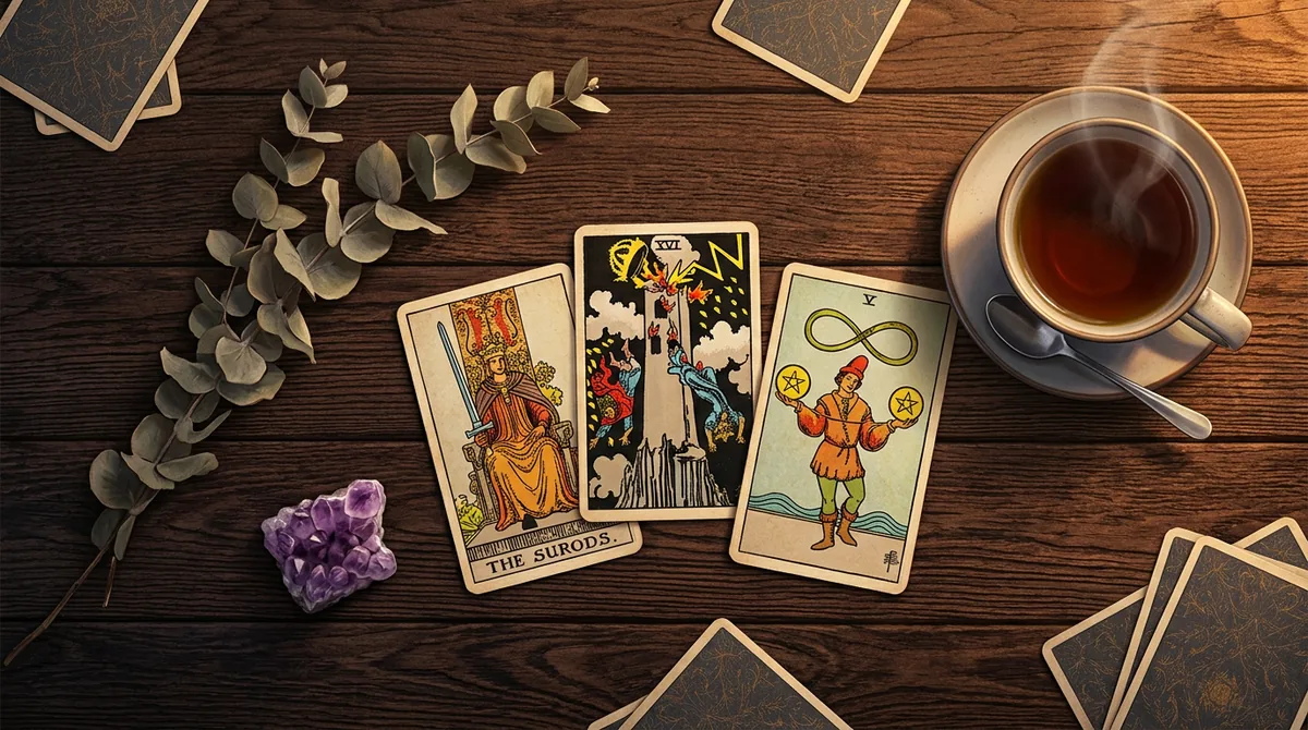 Cartas de tarô sobre uma mesa de madeira com elementos de natureza e luz suave, ilustrando o horóscopo semanal de abril de 2026.