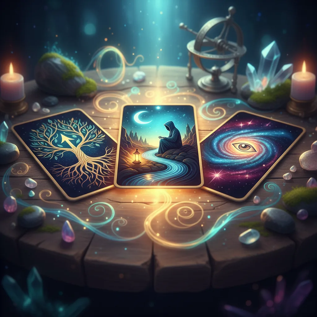 Mesa mística com cartas de Tarô espalhadas, simbolizando autoconhecimento e guia espiritual
