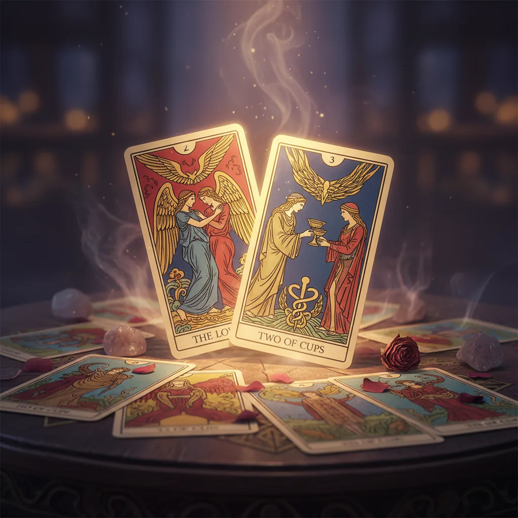 Cartas do tarô semanal do amor espalhadas sobre uma mesa, com destaque para a carta dos Amantes.