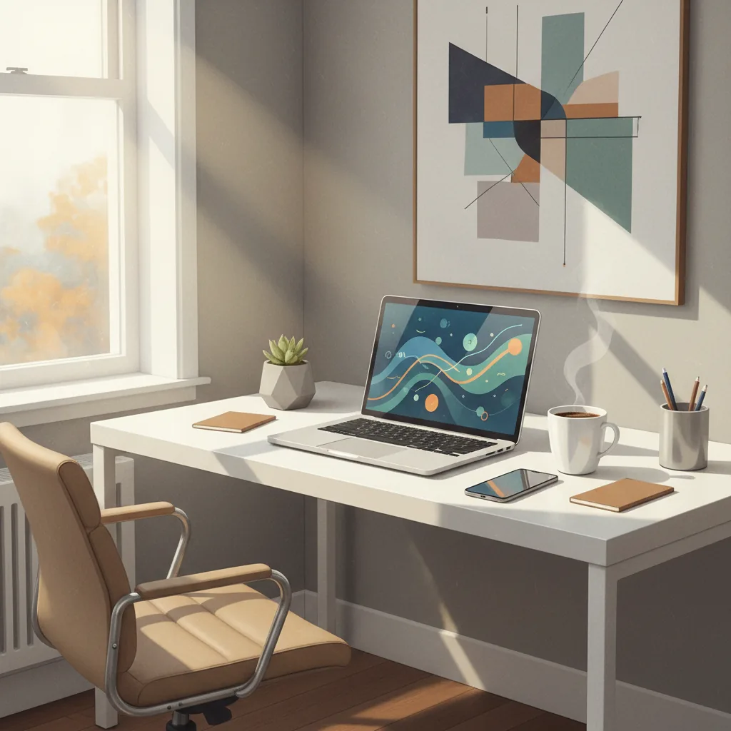 Escritório moderno em casa com laptop e ferramentas digitais demonstrando como trabalhar em casa em 2026.