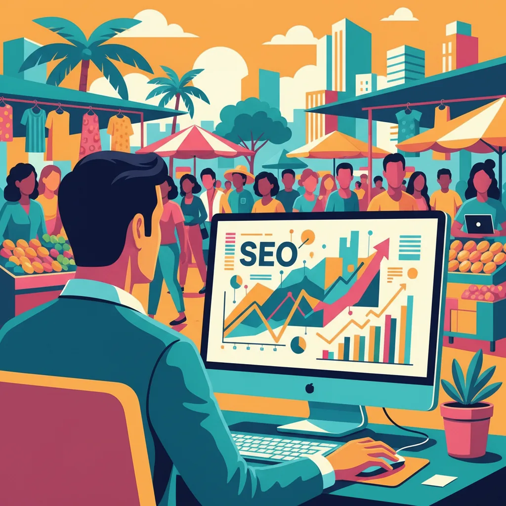 Pequeno empresário brasileiro analisando métricas de SEO em um computador em 2026