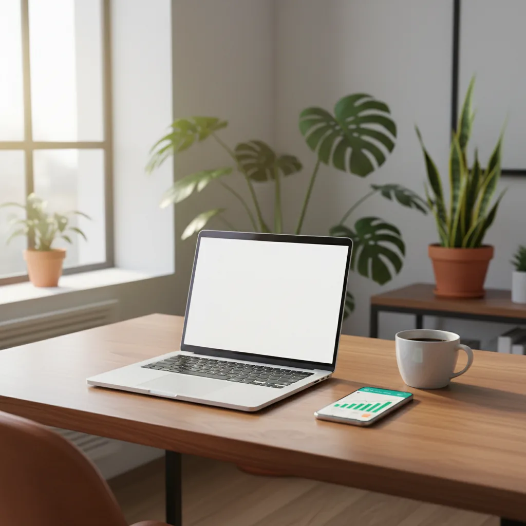 Escritório doméstico moderno e organizado com notebook e smartphone, simbolizando como trabalhar em casa e ganhar dinheiro de forma profissional em 2026.