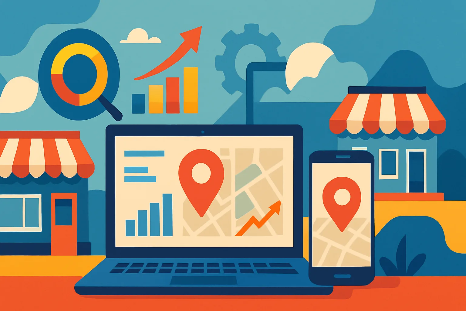Representação visual de SEO para pequenas empresas mostrando gráficos digitais e presença local