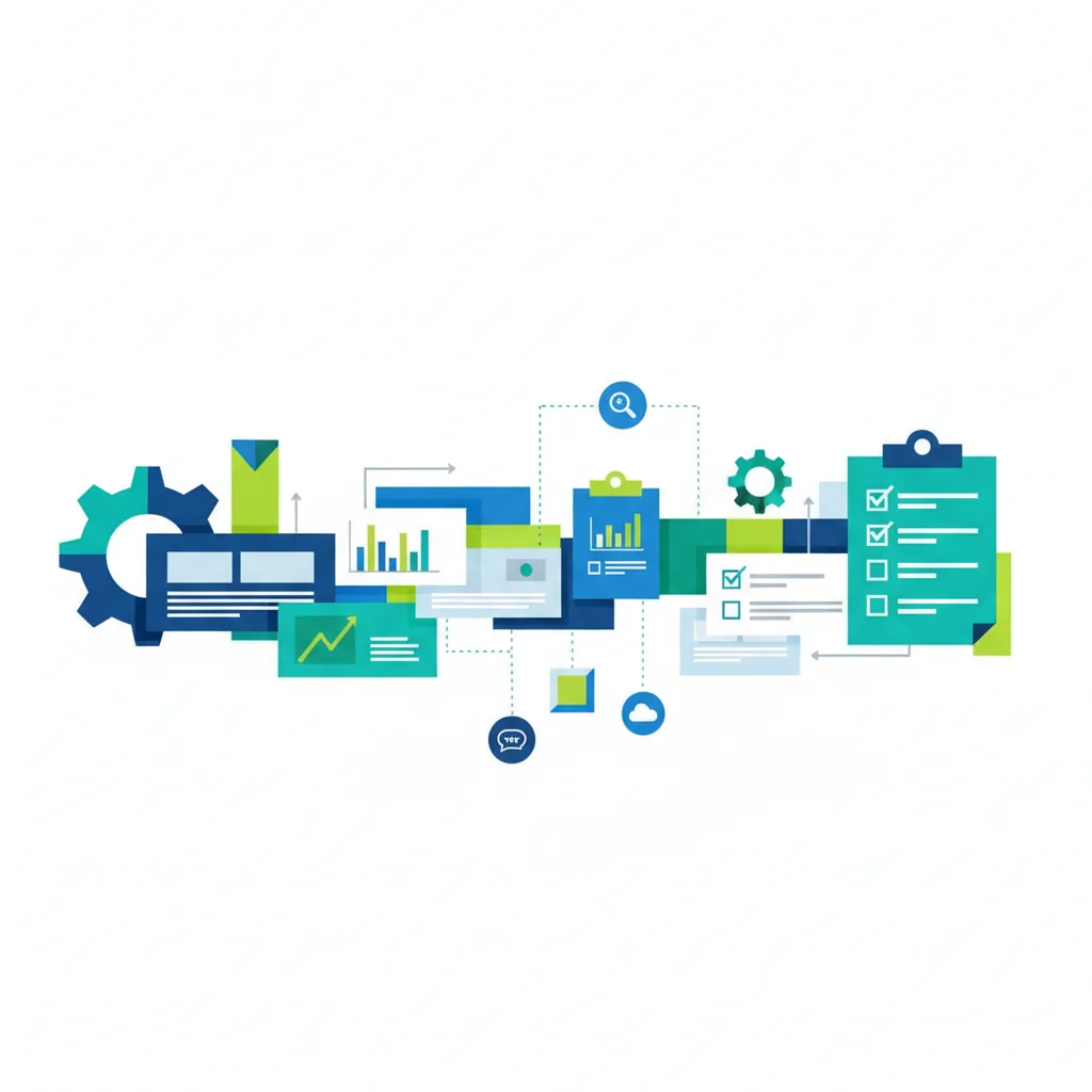 Framework de templates de SEO para PMEs em 2026, mostrando um fluxo de trabalho organizado.