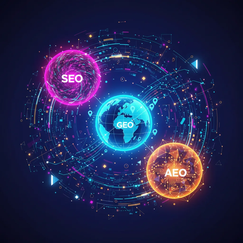 Diagrama conceitual mostrando a interconexão entre SEO, GEO e AEO, as três otimizações para tráfego orgânico em 2026.