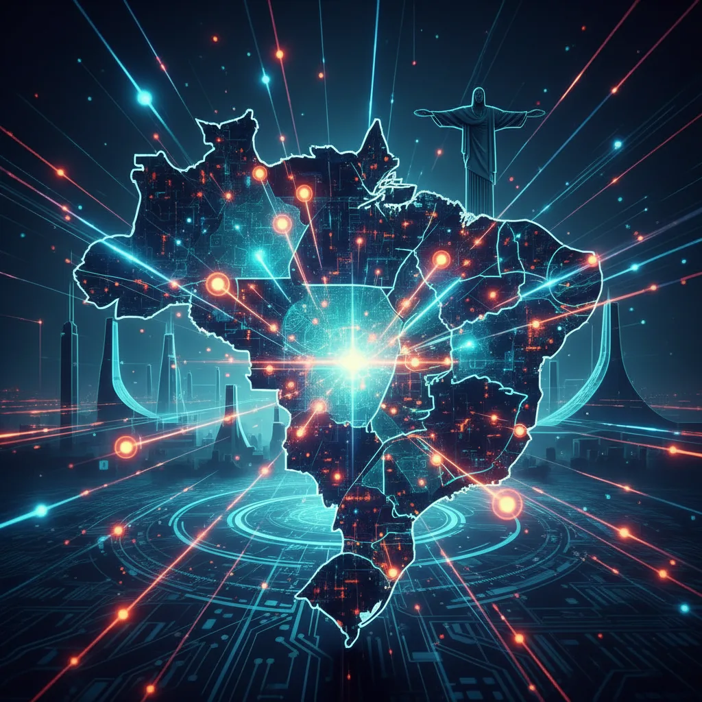 Rede digital abstrata conectando múltiplos nós luminosos, representando a transferência de conhecimento de IA e otimização para motores de resposta no contexto brasileiro.