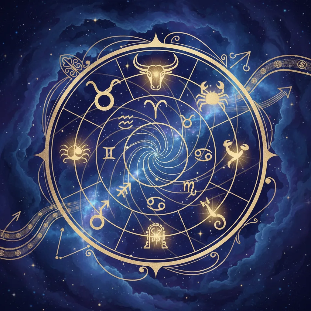 Roda do zodíaco com destaque para os signos de Touro, Câncer, Escorpião e Sagitário, simbolizando o alívio financeiro pela astrologia em 2026.