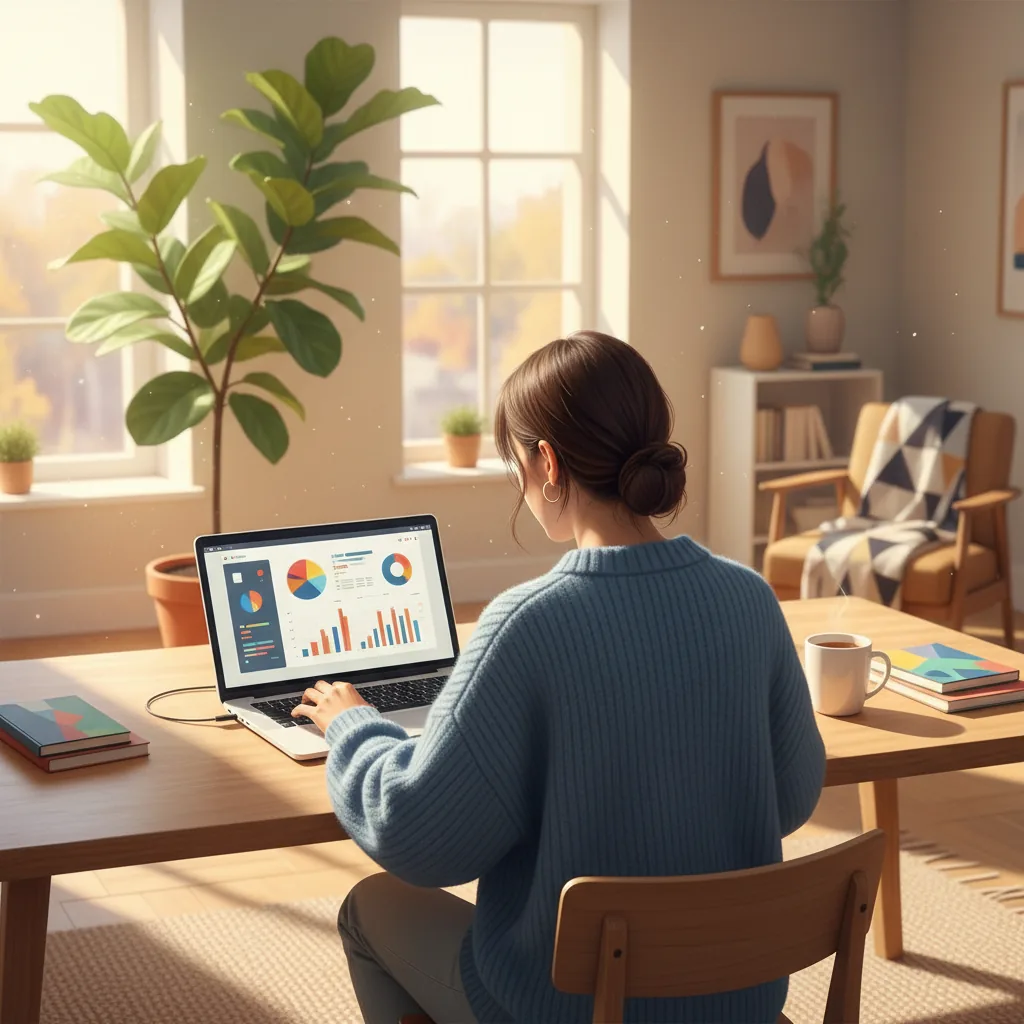 Pessoa trabalhando confortavelmente em um home office moderno com laptop e plantas