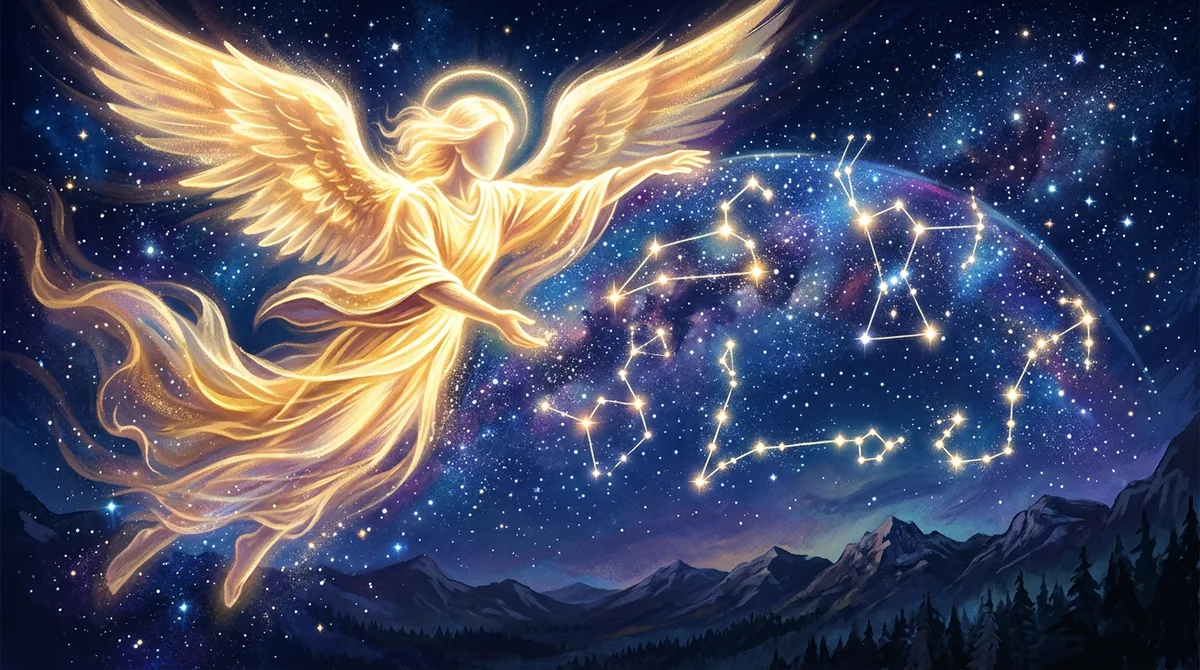 Ilustração etérea de uma figura angelical protetora envolta em luz dourada protegendo constelações do zodíaco.