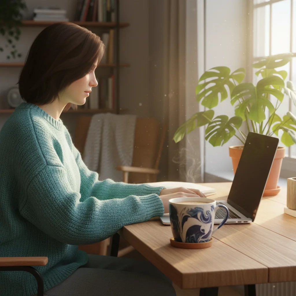 Pessoa trabalhando em casa com laptop e café, representando ganhos online.