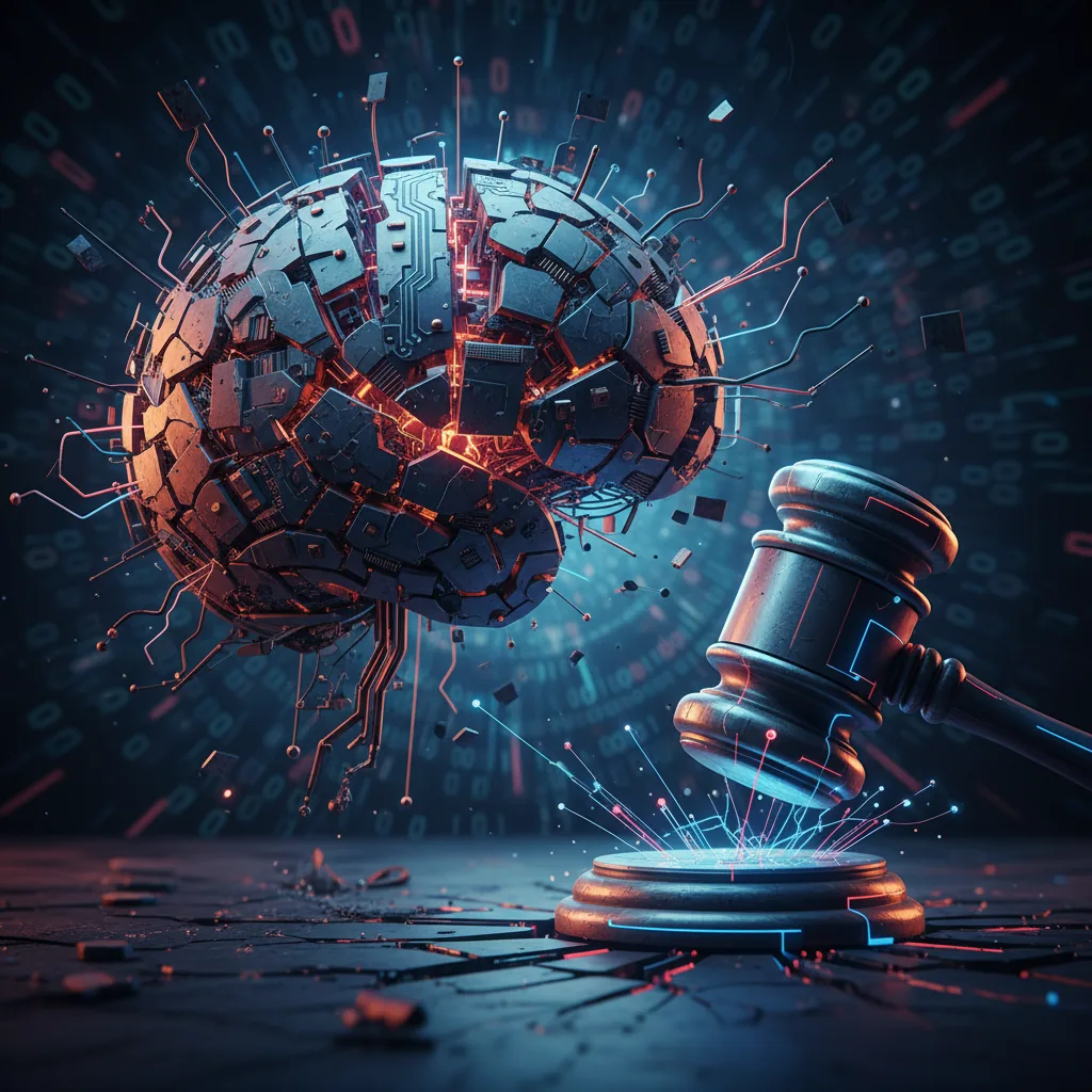 Um martelo de juiz ao lado de um cérebro digital quebrado, ilustrando o processo contra a OpenAI pela responsabilidade legal do ChatGPT.