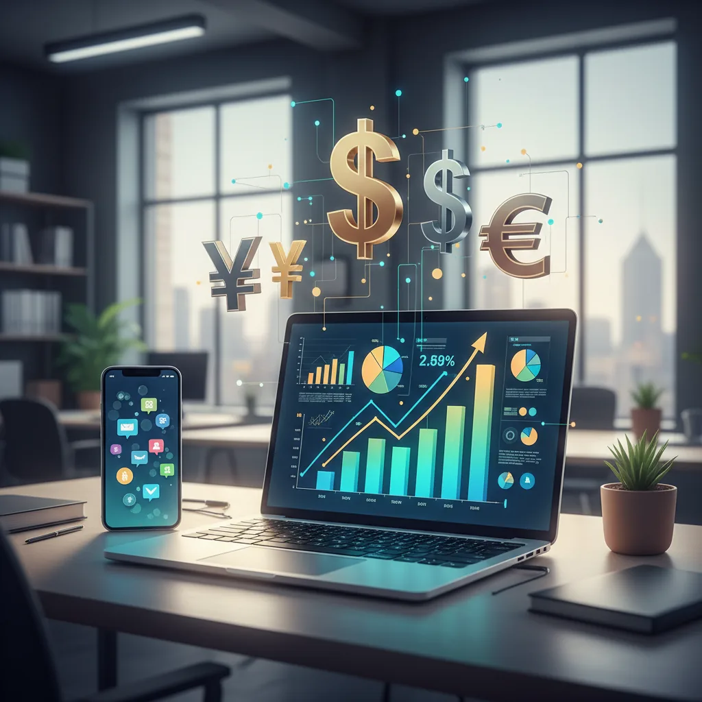 Ilustração profissional de uma pessoa trabalhando no notebook com ícones de moedas digitais e ferramentas de freelancing ao redor.