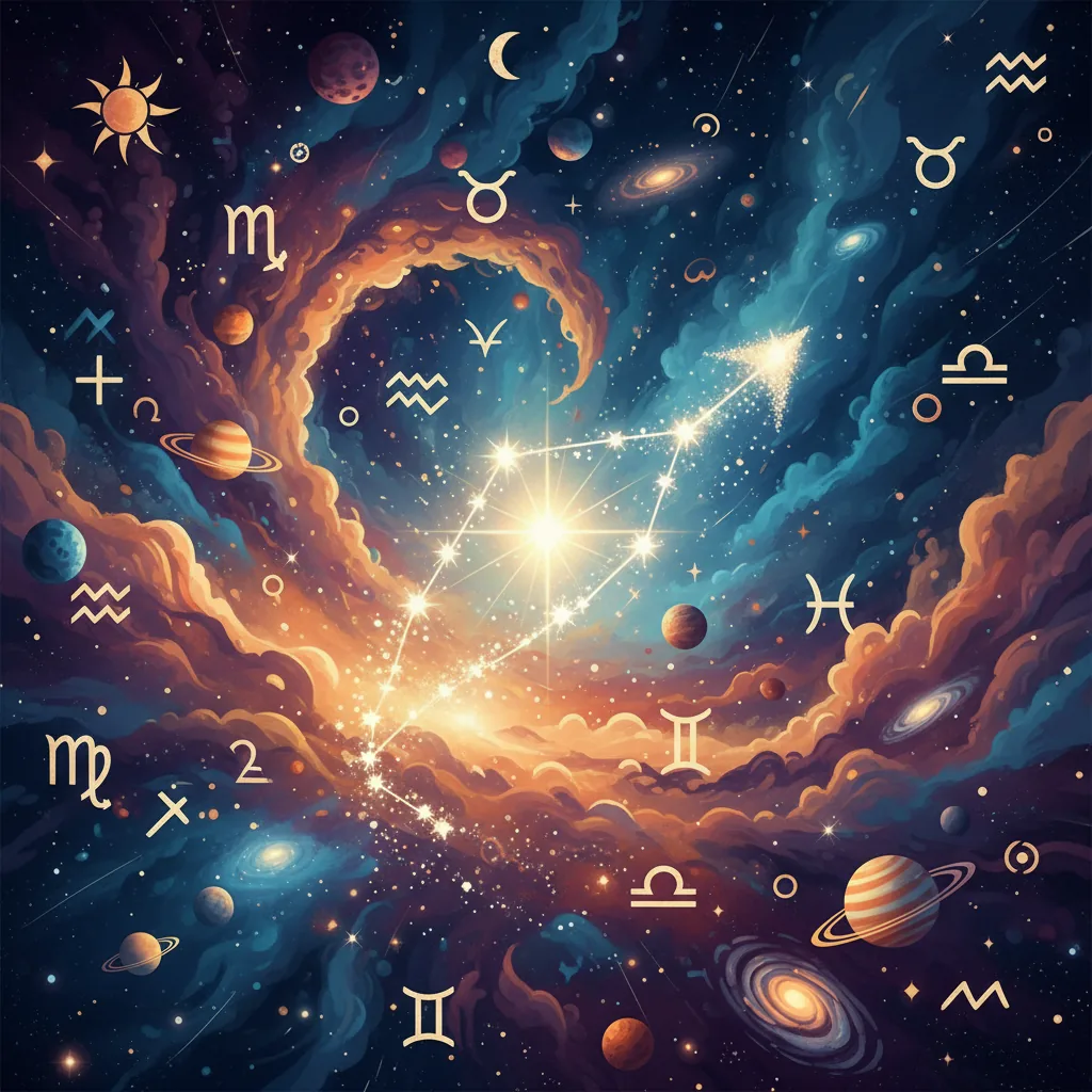 Constelações e símbolos astrológicos em um fundo cósmico, representando as verdades da astrologia para 2026.