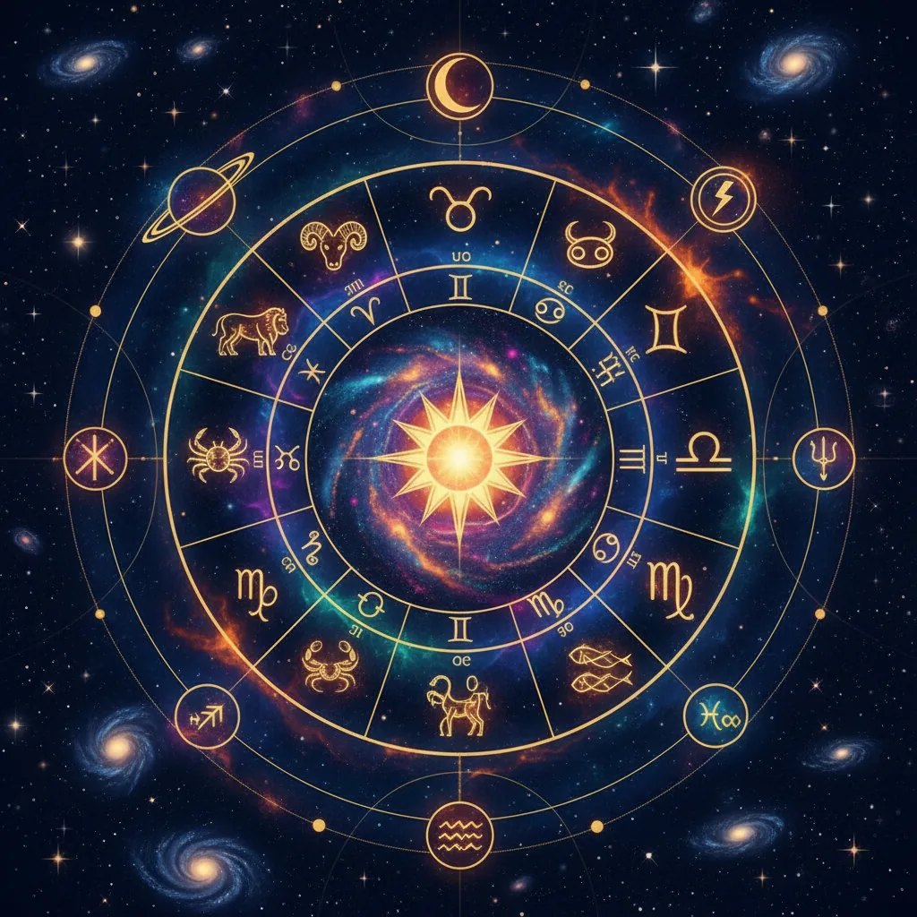 Mapa celestial com os doze signos do zodíaco e planetas em destaque, com luz mística.