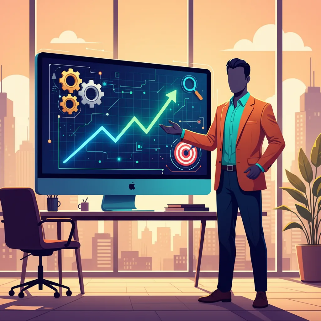 Empreendedor brasileiro olhando para um gráfico de tráfego de site crescente, com elementos de SEO digital.