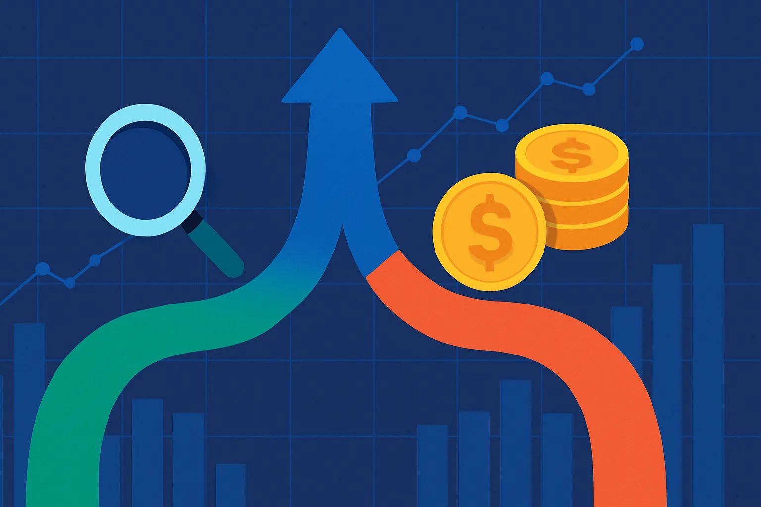 Ilustração digital mostrando a diferença entre SEO e SEM em gráfico azul.