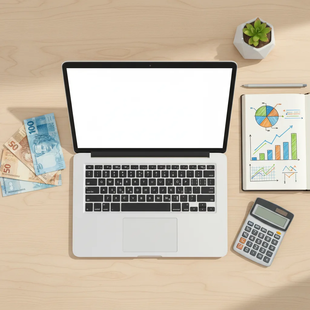 Mesa de escritório organizada com notebook e notas, ilustrando um sistema de renda extra online em 2026.