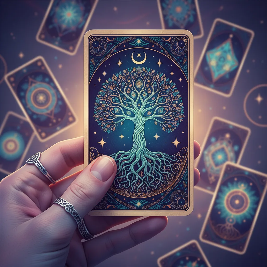 Mão segurando uma carta de tarô, com outras cartas desfocadas ao fundo, sob luz mística.