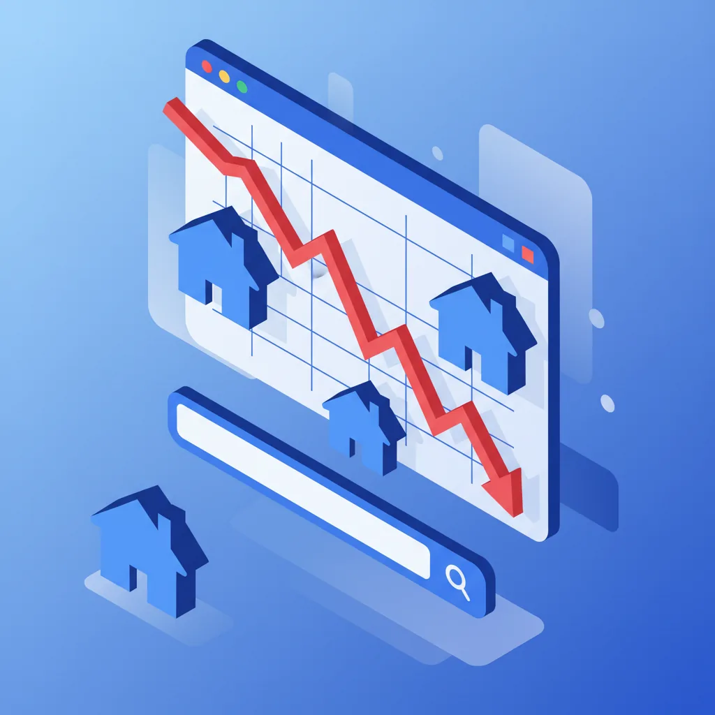 Gráfico financeiro de queda de ações com ícone do Google e casas estilizadas em um ambiente digital moderno.