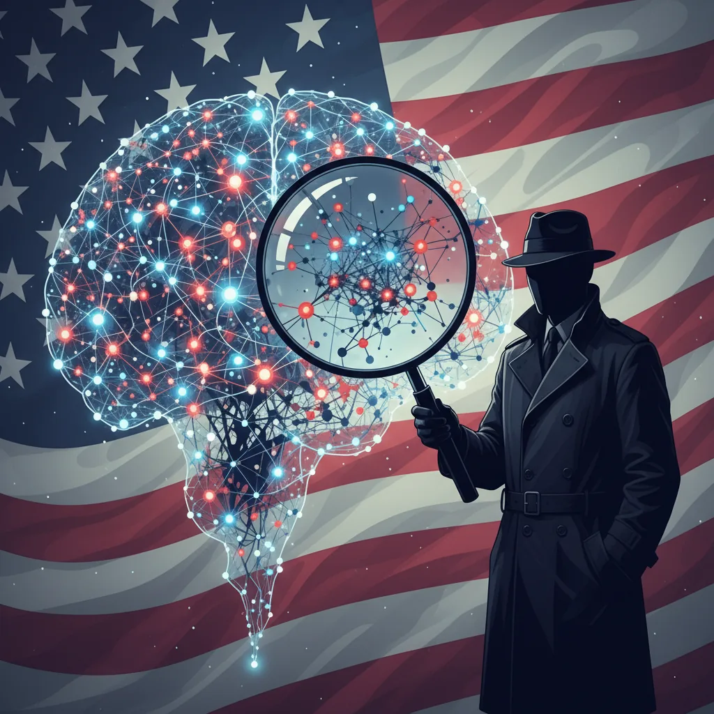 Ilustração da revisão de IA pelo governo dos EUA, mostrando uma rede neural sendo inspecionada.
