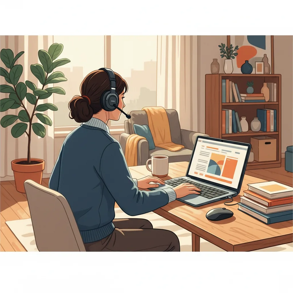 Pessoa trabalhando em seu home office com um laptop e fones de ouvido, em um ambiente de trabalho organizado e aconchegante.