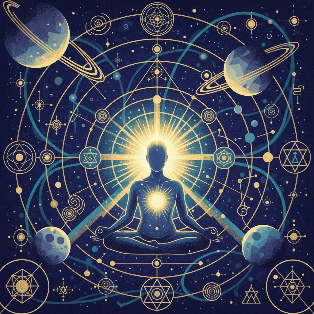 Representação de um mapa astral com Netuno destacado e uma pessoa em meditação, simbolizando a intuição e a espiritualidade.