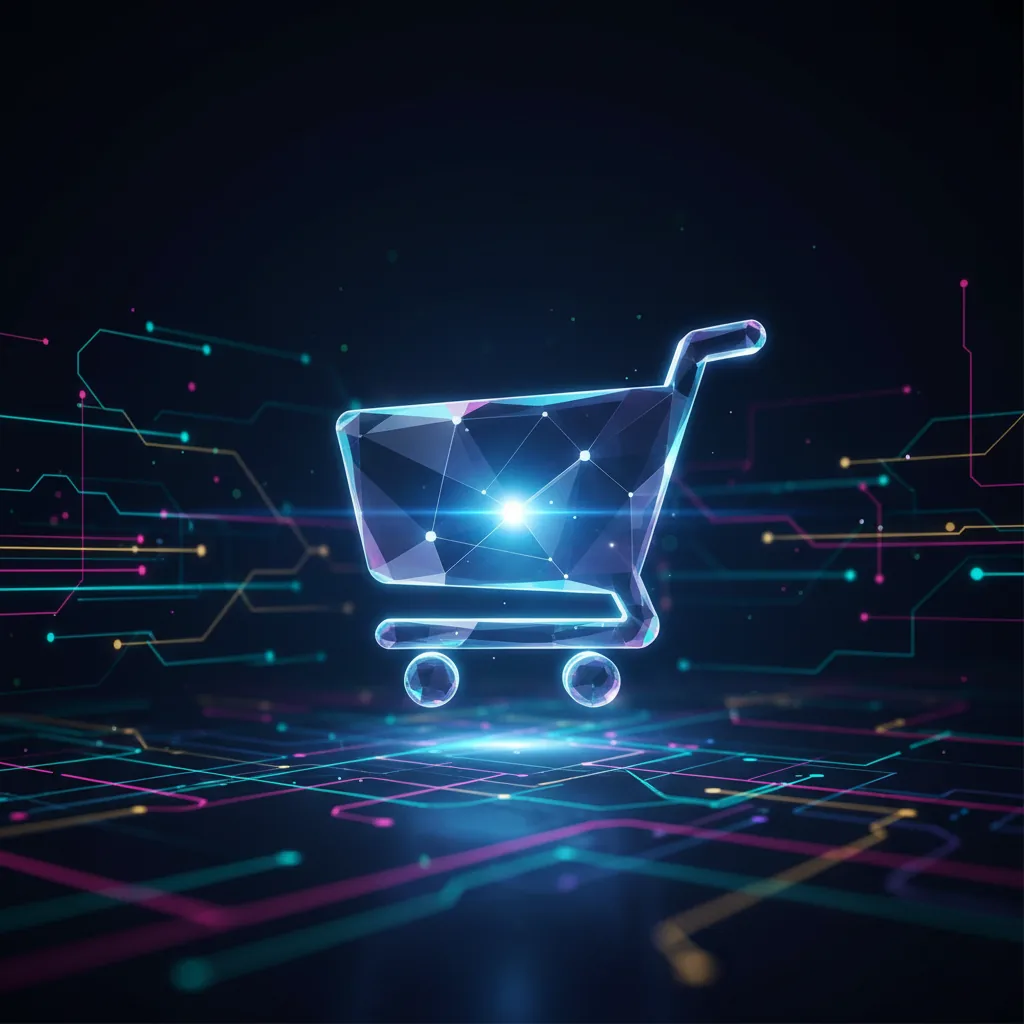 Ilustração da nova ferramenta de pesquisa de compras do ChatGPT com um carrinho de compras digital.