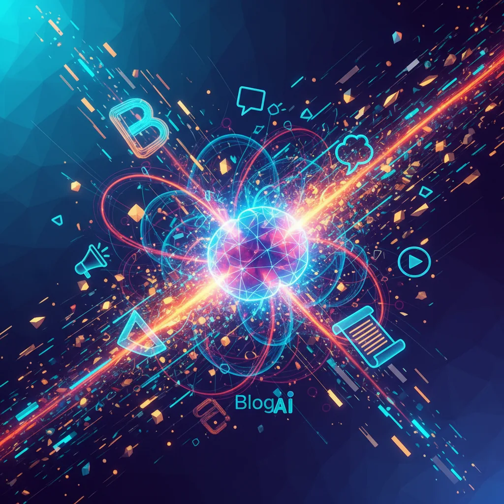 Ilustração abstrata de inteligência artificial impactando estratégias de marketing de conteúdo, com redes interconectadas e fluxo de dados, representando o BlogAI.