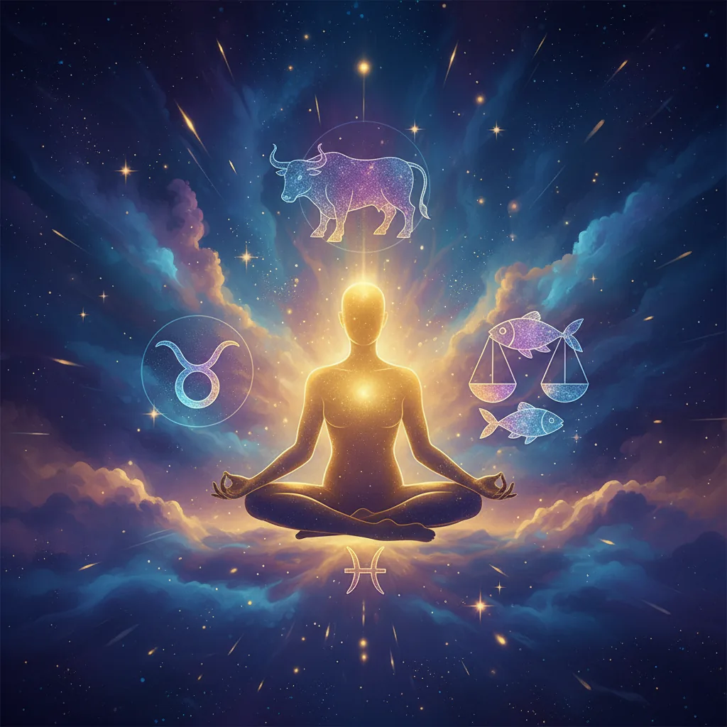 Ilustração artística representando o equilíbrio emocional na astrologia com símbolos do zodíaco e luzes suaves em 2026