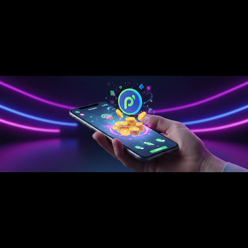 Interface de smartphone mostrando moedas digitais e o logotipo do Pix em um ambiente de jogos coloridos e modernos