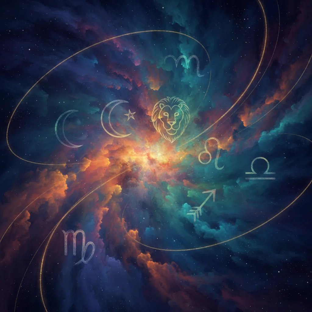 Ilustração abstrata de elementos cósmicos e símbolos astrológicos que representam os enigmas a serem desvendados em 2026 no Mundo Místico.