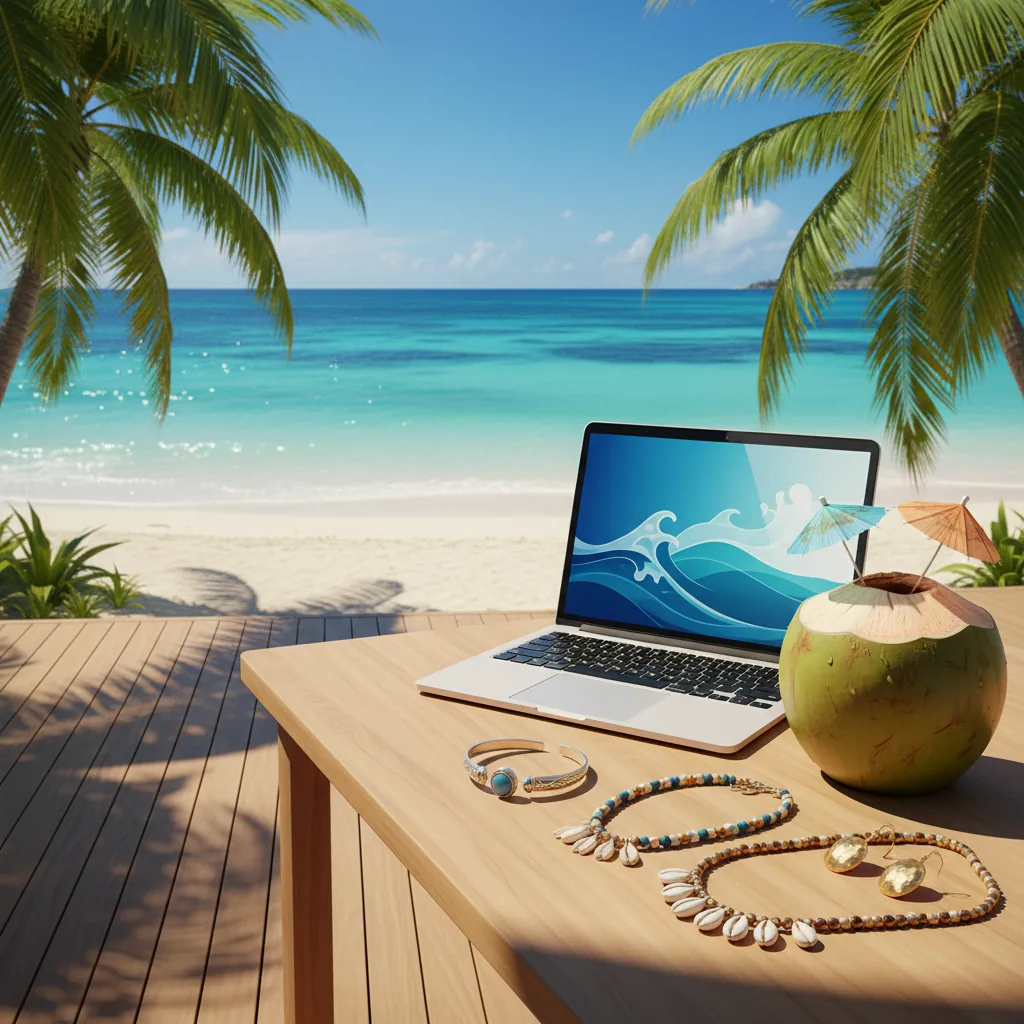 Pessoas trabalhando em um laptop na praia simbolizando renda extra nas férias de verão 2026