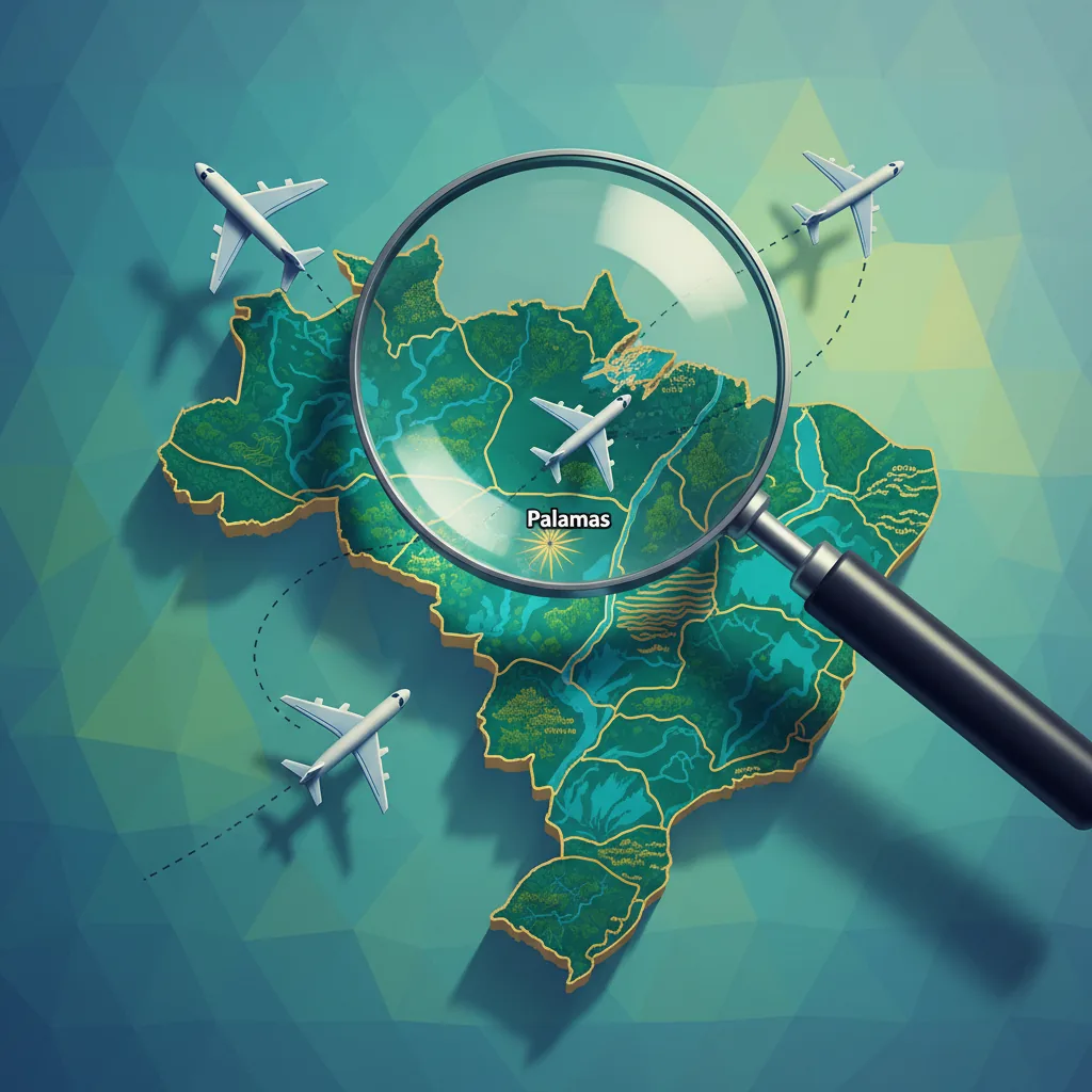 Lupa de aumento sobre um mapa do estado do Tocantins, simbolizando a investigação dos gastos com viagens de políticos.
