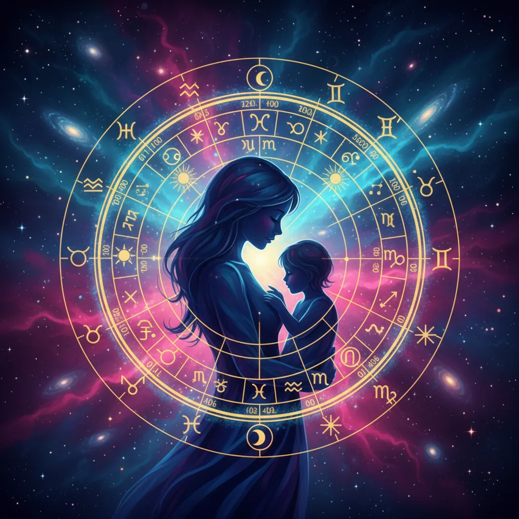 Ilustração astrológica mostrando o perfil da mãe de cada signo em 2026.