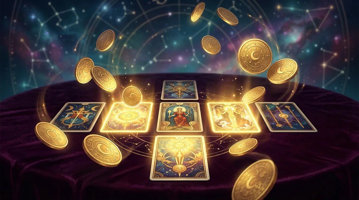Ilustração de cartas de tarô místicas brilhando com moedas de ouro e símbolos astrológicos representando sorte em 2026.