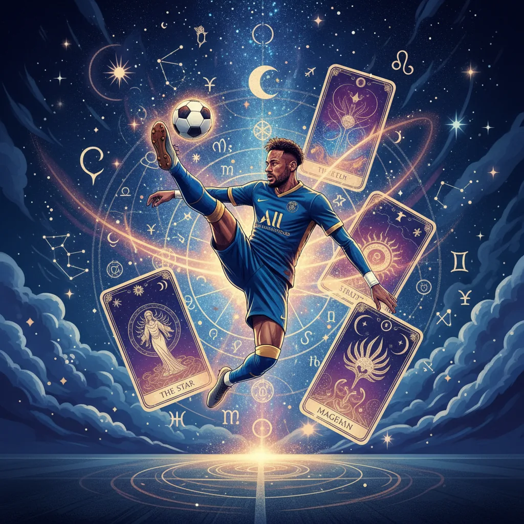 Neymar Jr. em campo, com elementos místicos como céu estrelado e símbolos astrológicos ao fundo