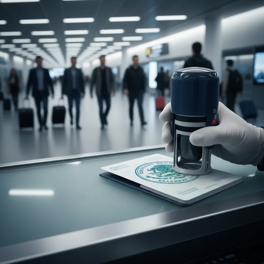 Passaporte sendo carimbado na imigração do México, ilustrando as novas regras de visto para o México em 2026.