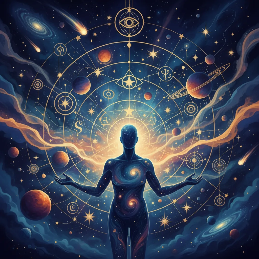 Mapa celestial intricado com símbolos místicos, planetas e uma silhueta humana recebendo conhecimento interno.