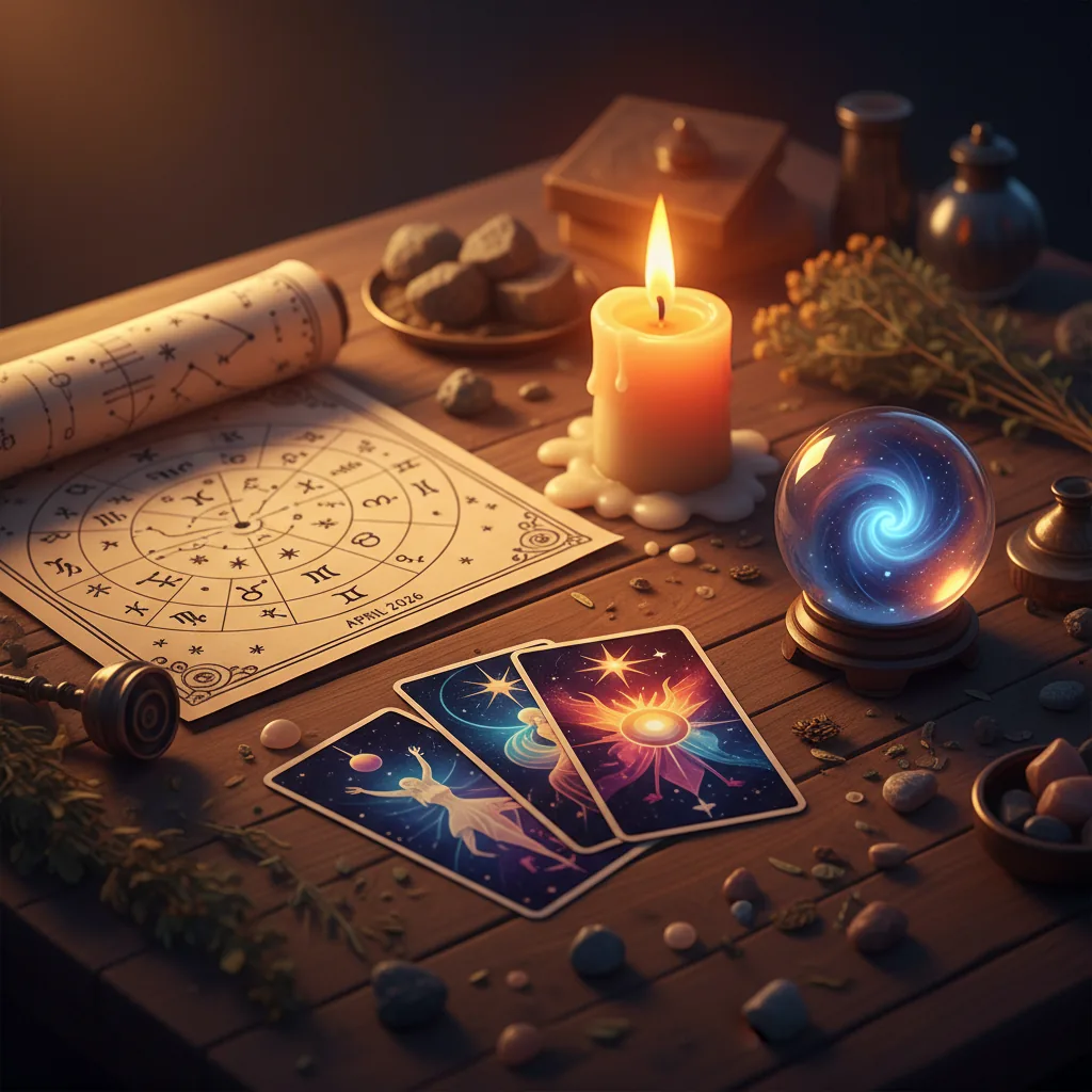 Mãos sobre cartas de tarô e elementos astrológicos como a lua e estrelas representando a astrologia do fim de semana
