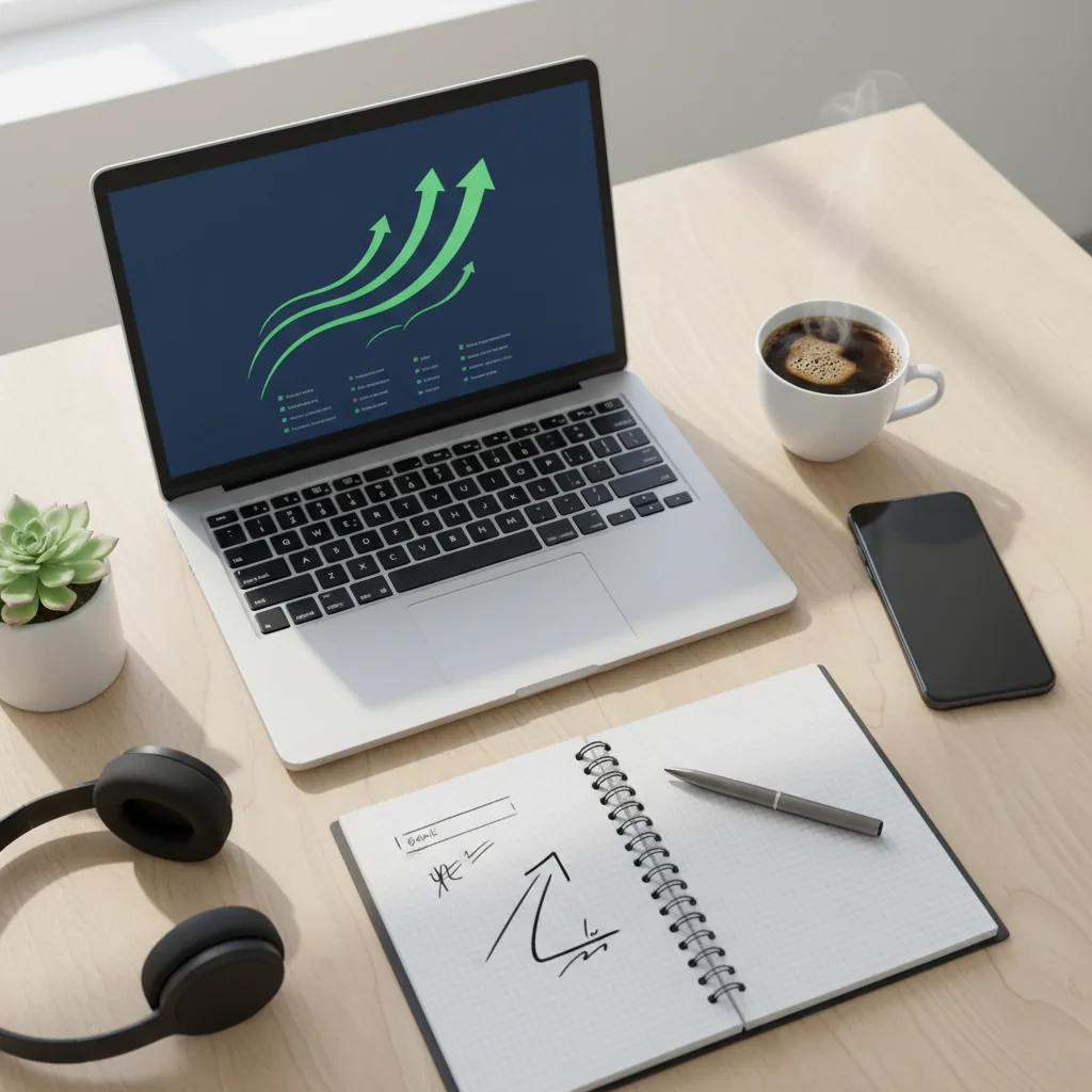 Mesa de trabalho com laptop exibindo gráficos financeiros crescentes, simbolizando o sucesso com renda extra online em 2026.