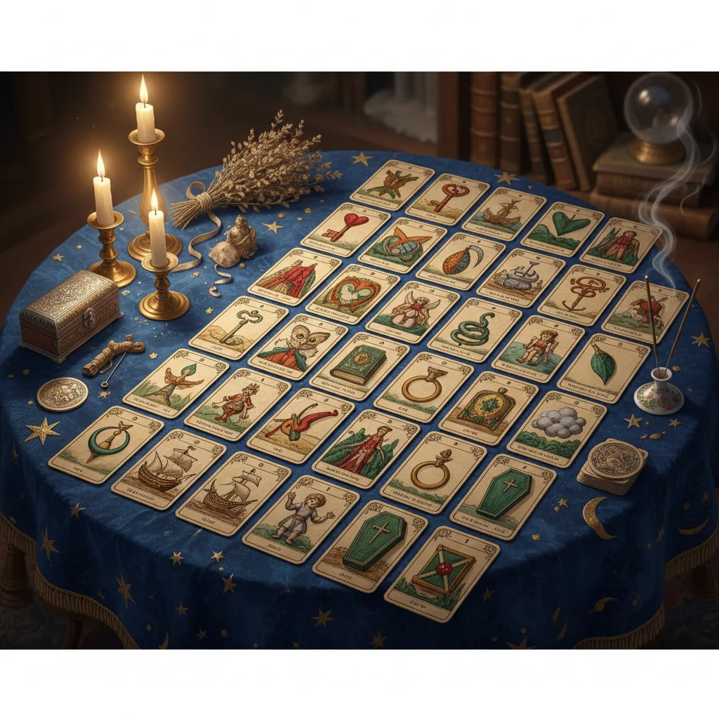 Leitura de tarô com o método da Mesa Real, com 36 cartas do baralho cigano dispostas sobre uma mesa.