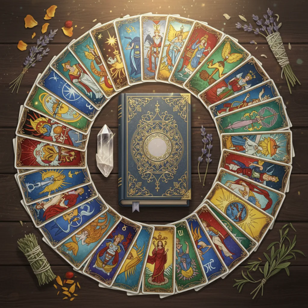 Capa do livro de tarô A Vida Pelo Tarô, de Adriana Kastrup, rodeado por cartas em uma mesa mística.