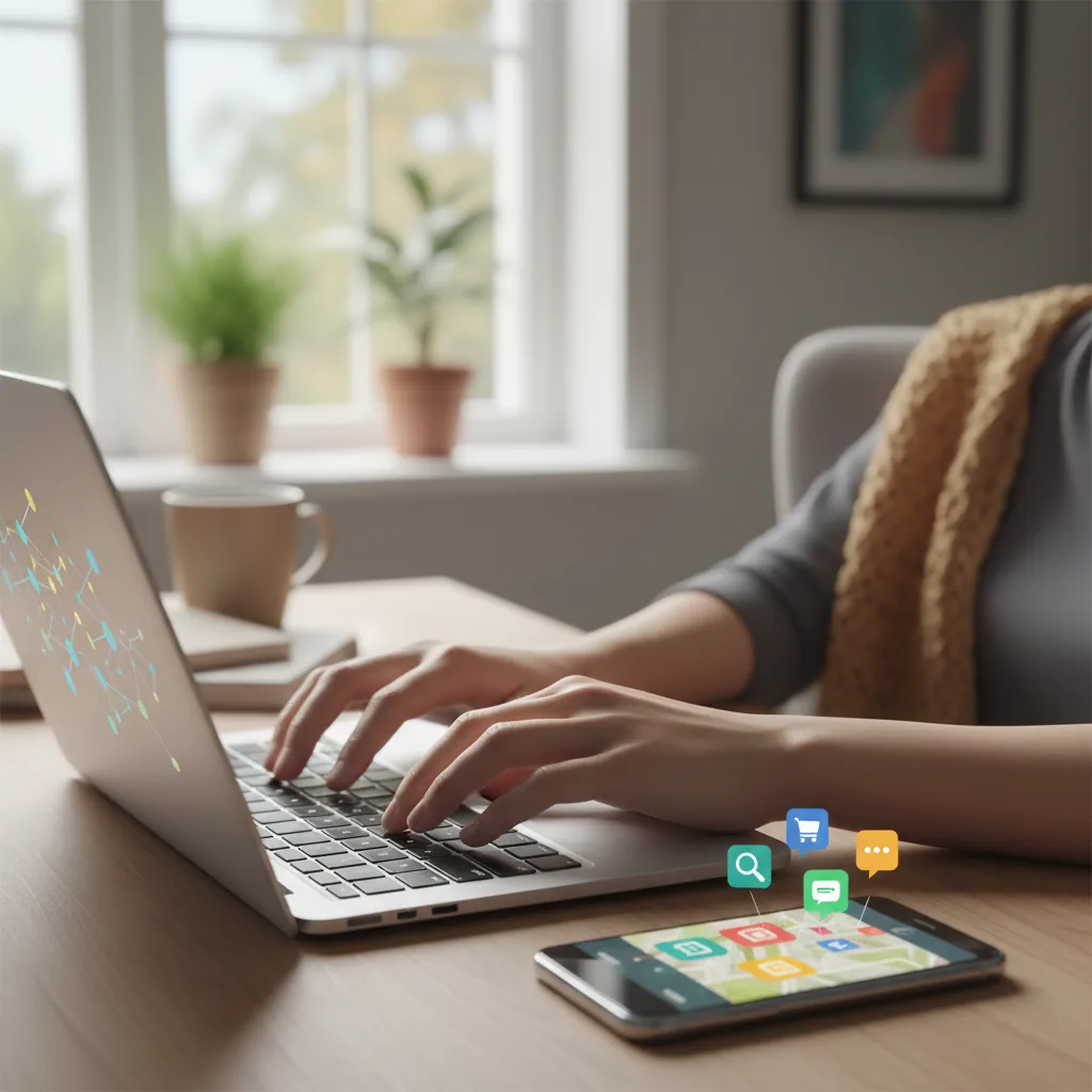 Mãos digitando em um laptop com smartphone, ilustrando microtarefas online para renda extra.