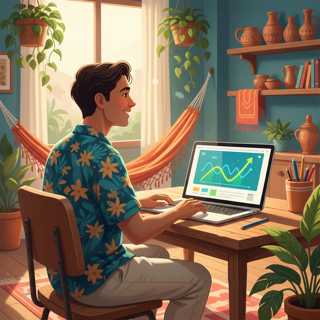 Pequena empresária brasileira feliz olhando para laptop com gráfico de tráfego orgânico crescente