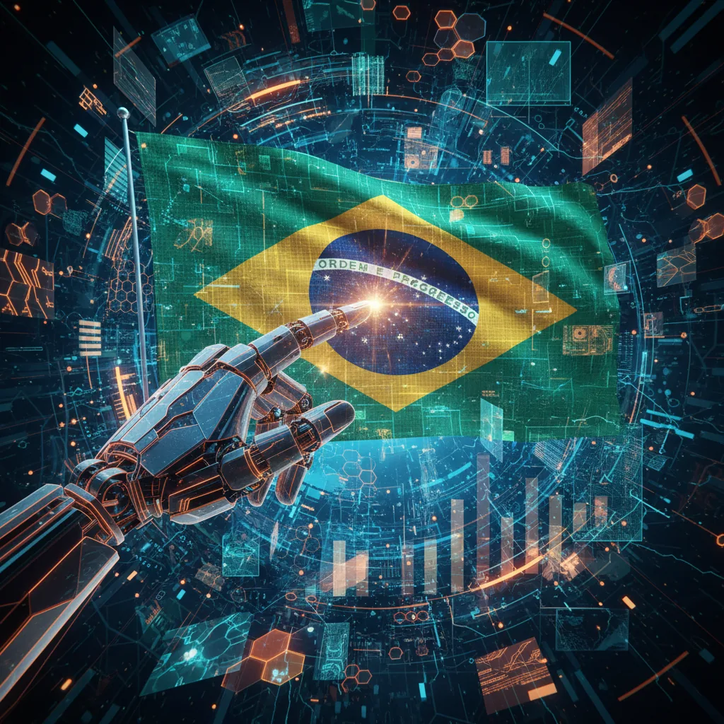 Ilustração abstrata de inteligência artificial otimizando dados para empresas brasileiras em 2026