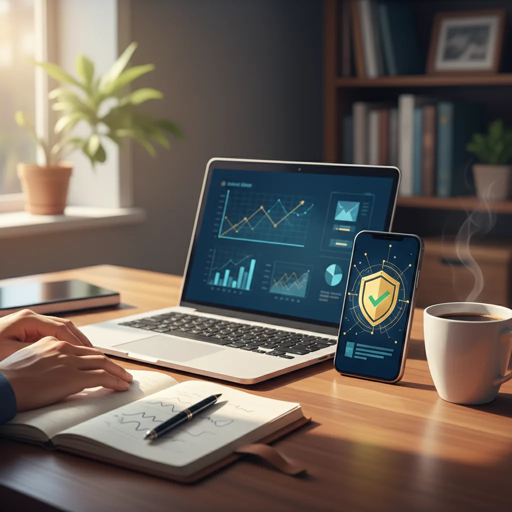 Guia prático de renda extra online em 2026 mostrando um notebook e um celular sobre uma mesa de trabalho.